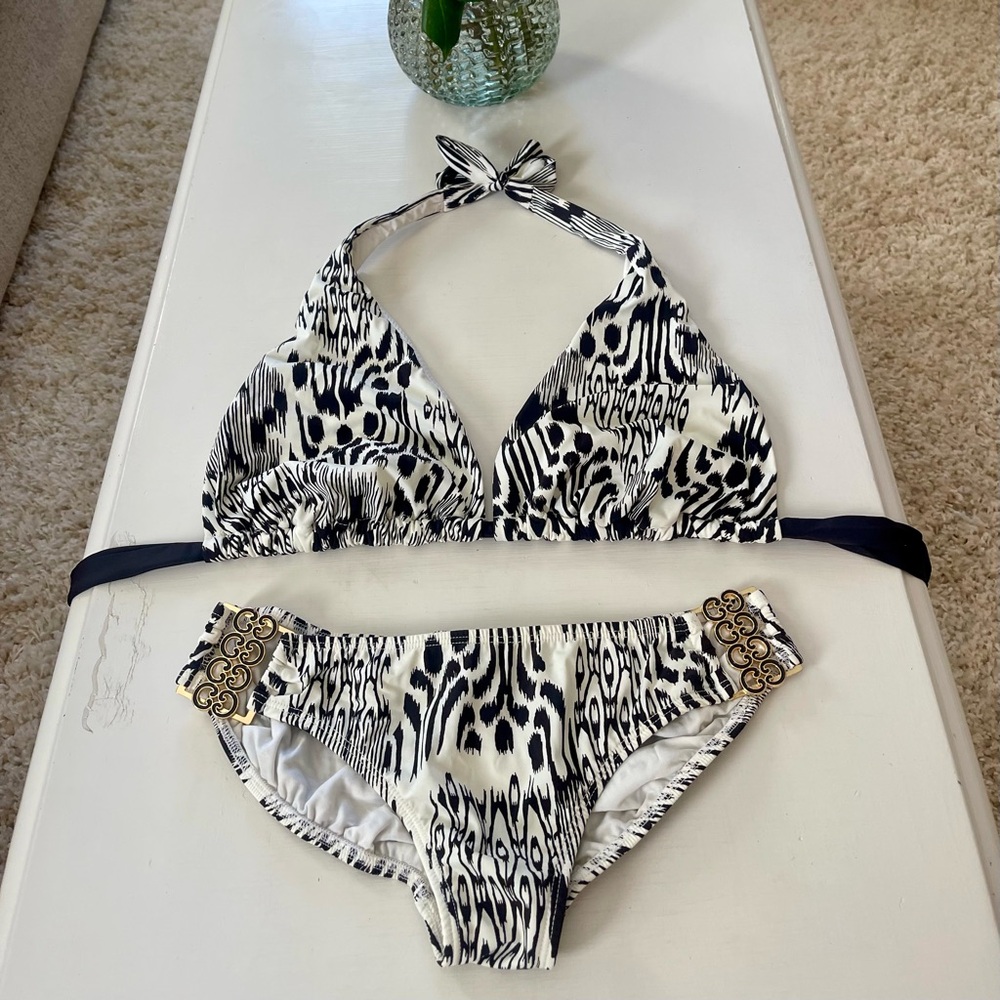 8 PIECE LOT TARA GRINNA Hipster Triangle Top Bikini Set Black Gold Animal Print - Picture 10 of 16